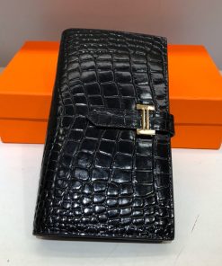 Hermes Bearn Wallet Alligator Leather Gold Hardware In Black