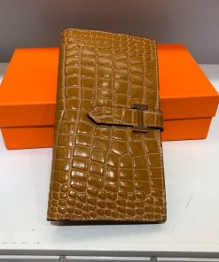 Hermes Bearn Wallet Alligator Leather Gold Hardware In Brown