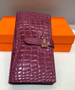Hermes Bearn Wallet Alligator Leather Gold Hardware In Purple