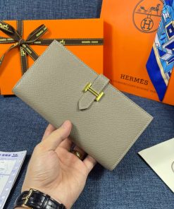 Hermes Bearn Wallet Epsom Leather Gold Hardware In Grey