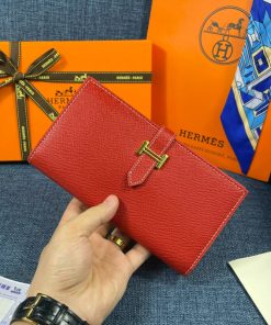 Hermes Bearn Wallet Epsom Leather Gold Hardware In Red