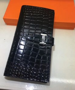 Hermes Bearn Wallet Alligator Leather Palladium Hardware In Black