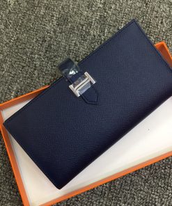 Hermes Bearn Wallet Epsom Leather Palladium Hardware In Navy Blue