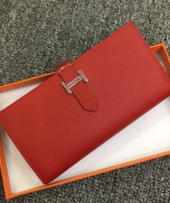 Hermes Bearn Wallet Epsom Leather Palladium Hardware In Red