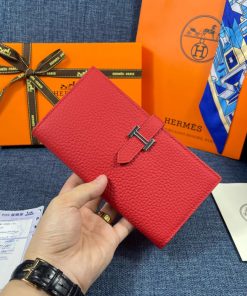 Hermes Bearn Wallet Togo Leather Palladium Hardware In Red