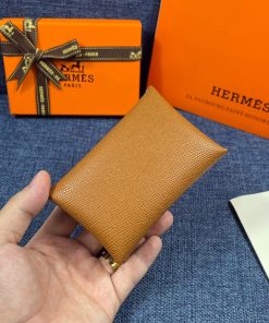Hermes Calvi Card Holder Epsom Leather Gold Hardware In Brown