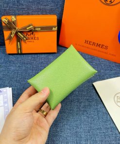 Hermes Calvi Card Holder Epsom Leather Gold Hardware In Green