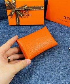Hermes Calvi Card Holder Epsom Leather Gold Hardware In Orange