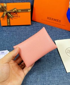 Hermes Calvi Card Holder Epsom Leather Gold Hardware In Pink