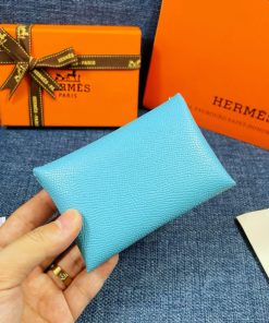 Hermes Calvi Card Holder Epsom Leather Gold Hardware In Sky Blue