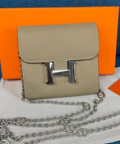 Hermes Constance Compact Wallet with Chain Togo Leather Palladium Hardware In Grey