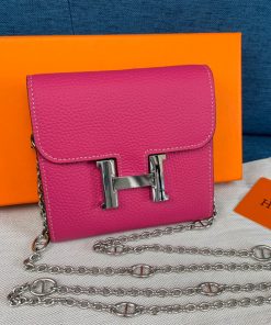 Hermes Constance Compact Wallet with Chain Togo Leather Palladium Hardware In Rose