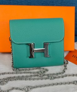 Hermes Constance Compact Wallet with Chain Togo Leather Palladium Hardware In Teal