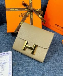 Hermes Constance Compact Wallet Epsom Leather Gold Hardware In Grey