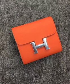 Hermes Constance Compact Wallet Epsom Leather Palladium Hardware In Orange