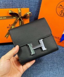 Hermes Constance Compact Wallet Togo Leather Palladium Hardware In Black