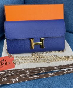 Hermes Constance Wallet with Chain Togo Leather Gold Hardware In Blue