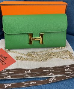 Hermes Constance Wallet with Chain Togo Leather Gold Hardware In Green
