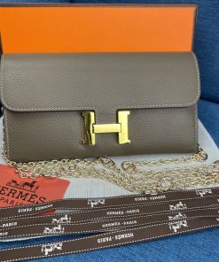 Hermes Constance Wallet with Chain Togo Leather Gold Hardware In Marble