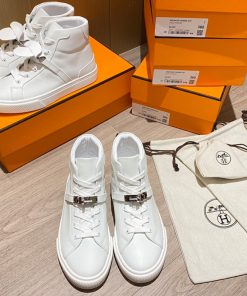 Hermes Daydream High-Top Sneakers Unisex Calfskin In White Silver