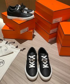 Hermes Day Sneakers Unisex Calfskin In Black Silver