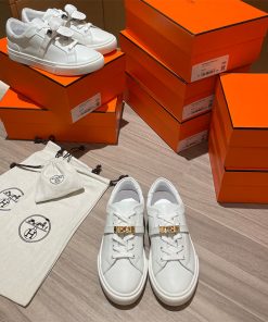 Hermes Day Sneakers Unisex Calfskin In White Gold