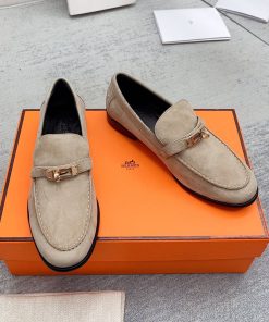 Hermes Destin Loafers Women Suede with Kelly Buckle In Khaki