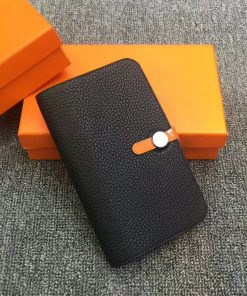Hermes Dogon Duo Wallet Color Blocking Togo Leather Palladium Hardware In Black Orange