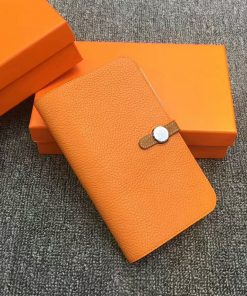 Hermes Dogon Duo Wallet Color Blocking Togo Leather Palladium Hardware In Orange Brown