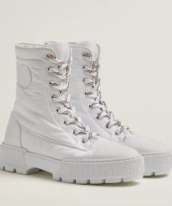 Hermes Fresh Ankle Boots Women Calfskin and Parachute with Logo Emblem In White