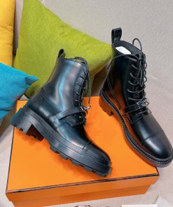 Hermes Funk Ankle Boots Women Shiny Calfskin with Kelly Buckle In Black