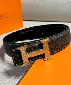 Hermes Guilloched H Reversible Belt Leather In Black Gold