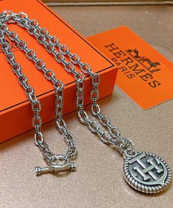 Hermes H Anchor Round Pendant Necklace Silver