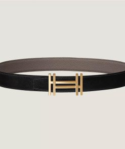 Hermes H Au Carre 32 Reversible Belt Leather In Black Grey