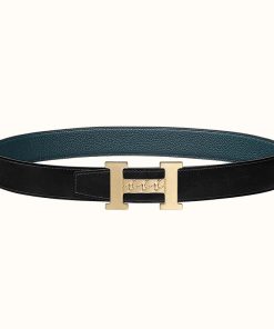 Hermes H Gourmette 38 Reversible Belt Leather In Black Blue