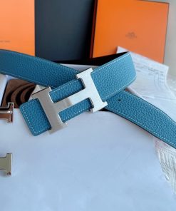 Hermes H Logo Buckle 38 Reversible Belt Leather In Blue Black