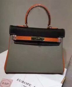 Hermes Kelly Bag Color Blocking Clemence Leather Gold Hardware In Grey