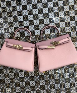 Hermes Kelly Bag Color Blocking Clemence Leather Gold Hardware In Light Pink