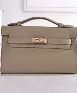 Hermes Kelly Mini Pochette Bag Epsom Leather Gold Hardware In Grey