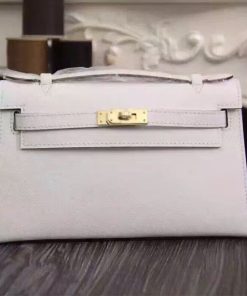 Hermes Kelly Mini Pochette Bag Epsom Leather Gold Hardware In White