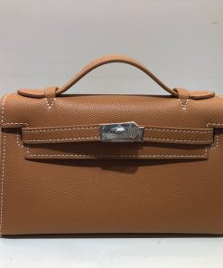 Hermes Kelly Mini Pochette Bag Epsom Leather Palladium Hardware In Brown