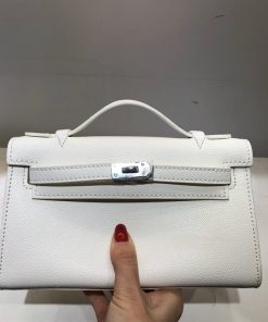 Hermes Kelly Mini Pochette Bag Epsom Leather Palladium Hardware In White