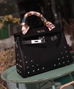 Hermes Kelly Bag Studed Togo Leather Palladium Hardware In Black