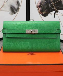 Hermes Kelly Wallet Epsom Leather Palladium Hardware In Green