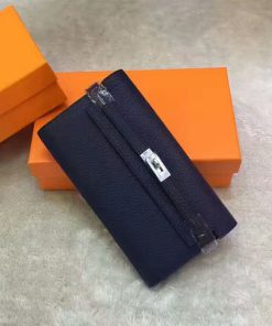 Hermes Kelly Wallet Epsom Leather Palladium Hardware In Navy Blue