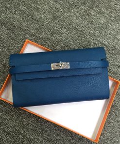 Hermes Kelly Wallet Epsom Leather Palladium Hardware In Peacock Blue
