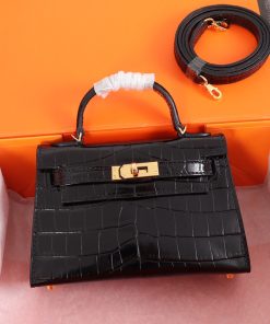 Hermes Kelly II Mini Bag Alligator Leather Gold Hardware In Black