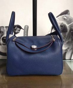 Hermes Lindy Bag Clemence Leather Palladium Hardware In Navy Blue