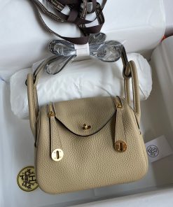 Hermes Lindy Mini Bag Togo Leather Gold Hardware In Grey