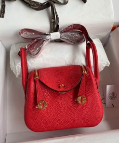 Hermes Lindy Mini Bag Togo Leather Gold Hardware In Red